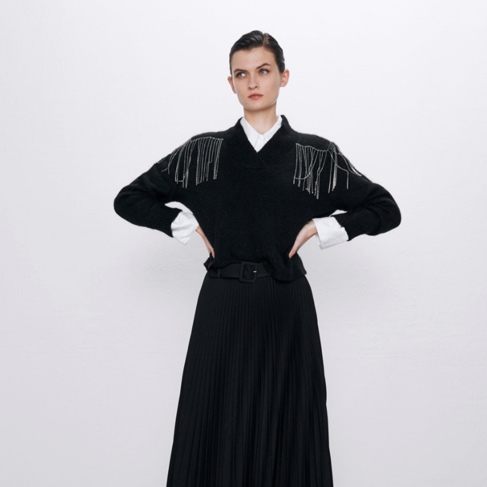 Zara beaded shoulder fringe pullover sweater